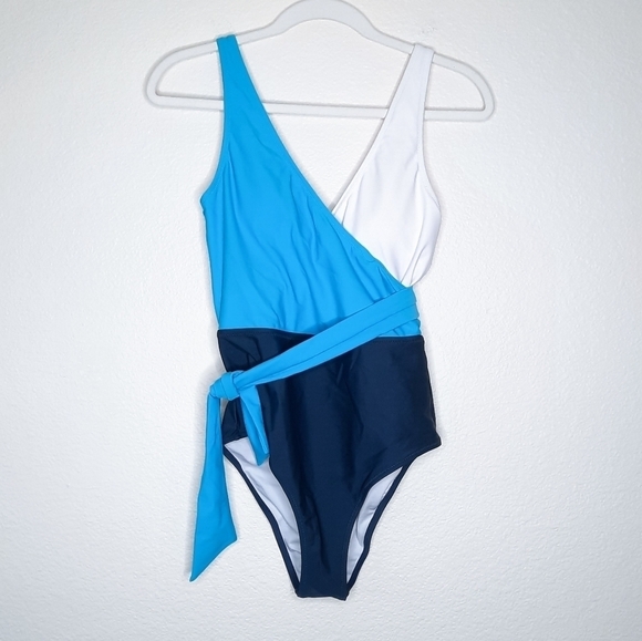 CUPSHE Blue and White Tie Waist One Piece Swimsuit M NWT - Picture 1 of 6